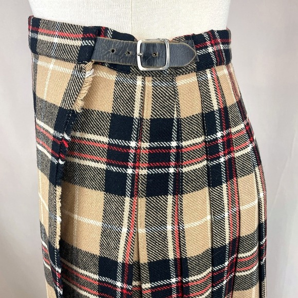 Vintage 80s Womens (28") Kilt Wool Plaid Skirt Tan Black Midi England Old Money - Picture 6 of 9